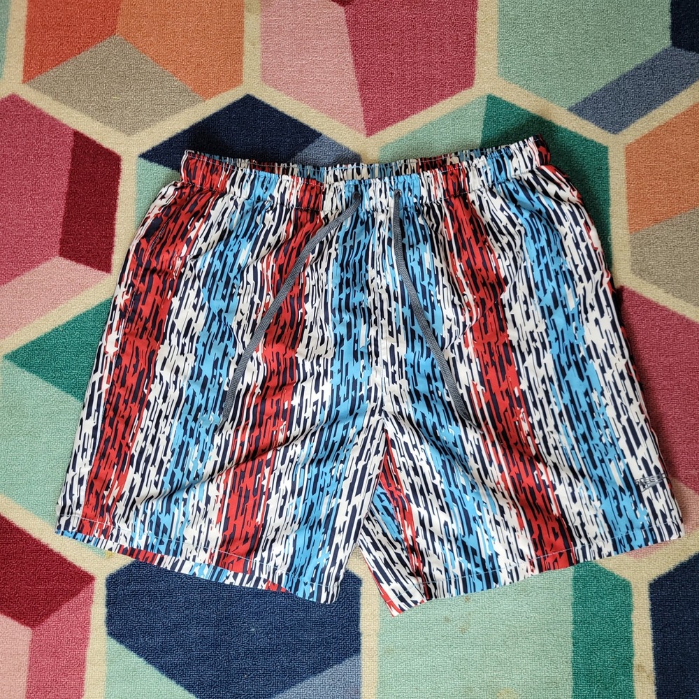 Speedo Mens Swim‎ Trunks XXL Red White Blue  Stripe Board Shorts Mesh Lined